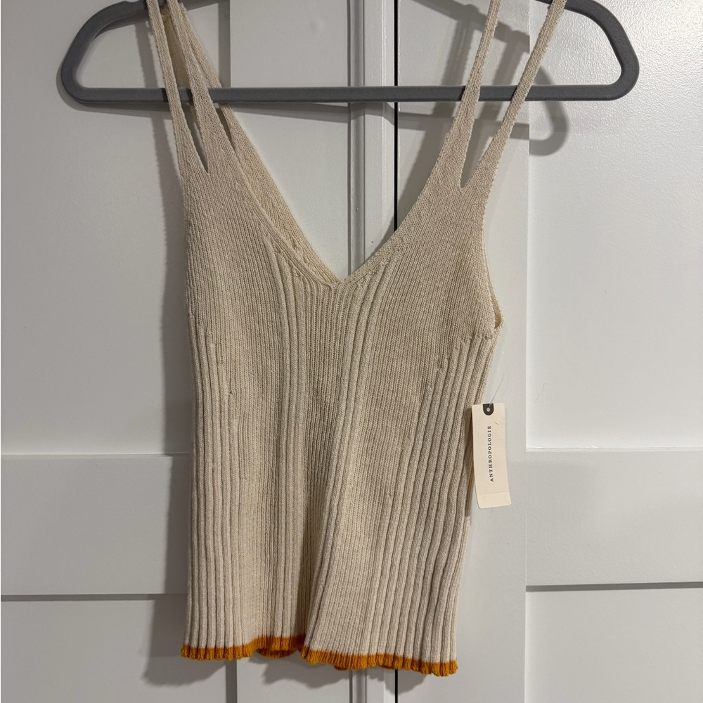 Pilcro Cream Ribbed V-Neck Tank with Orange Hem